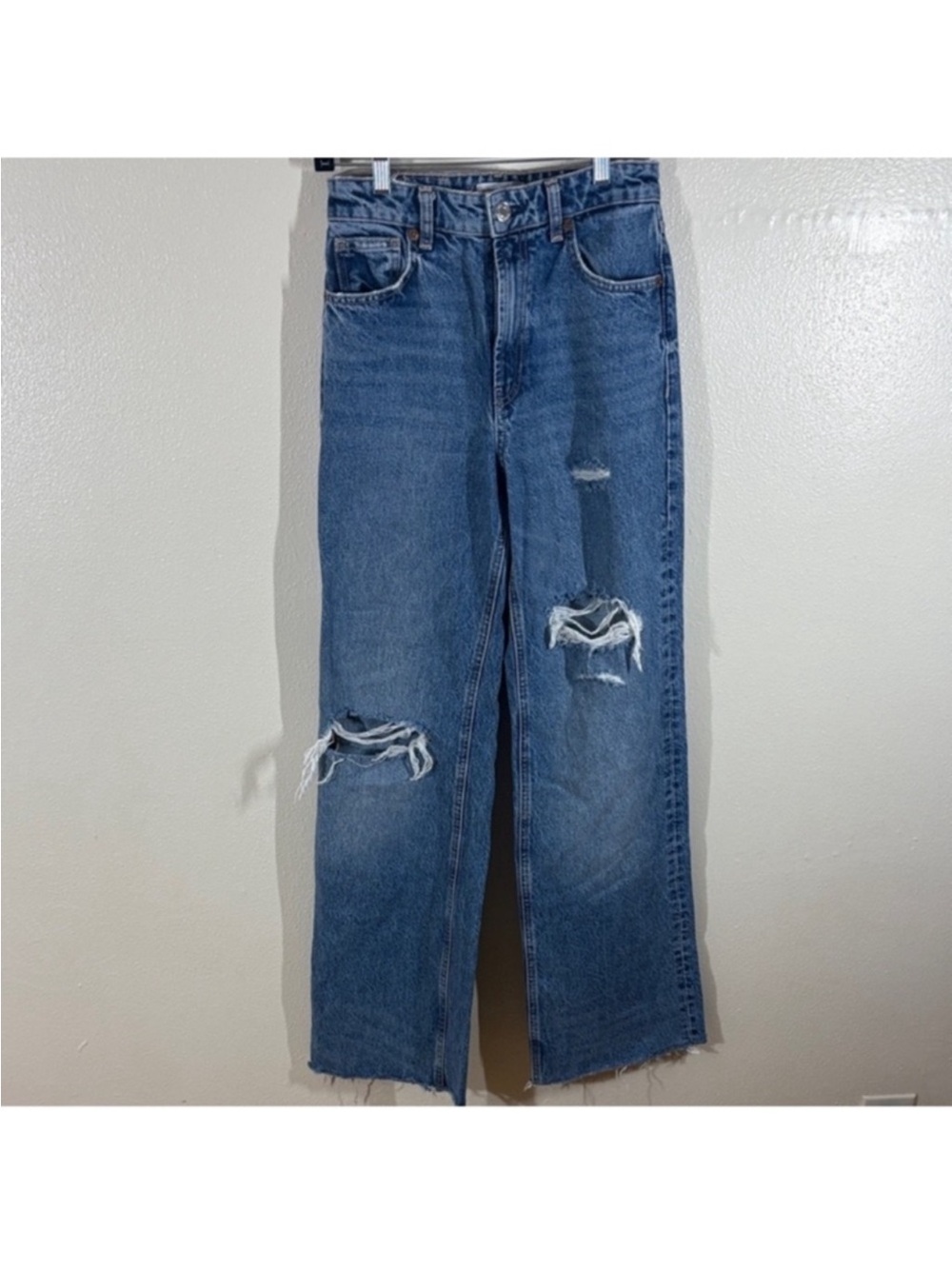 Zara Blue Ripped Straight-Leg Jeans